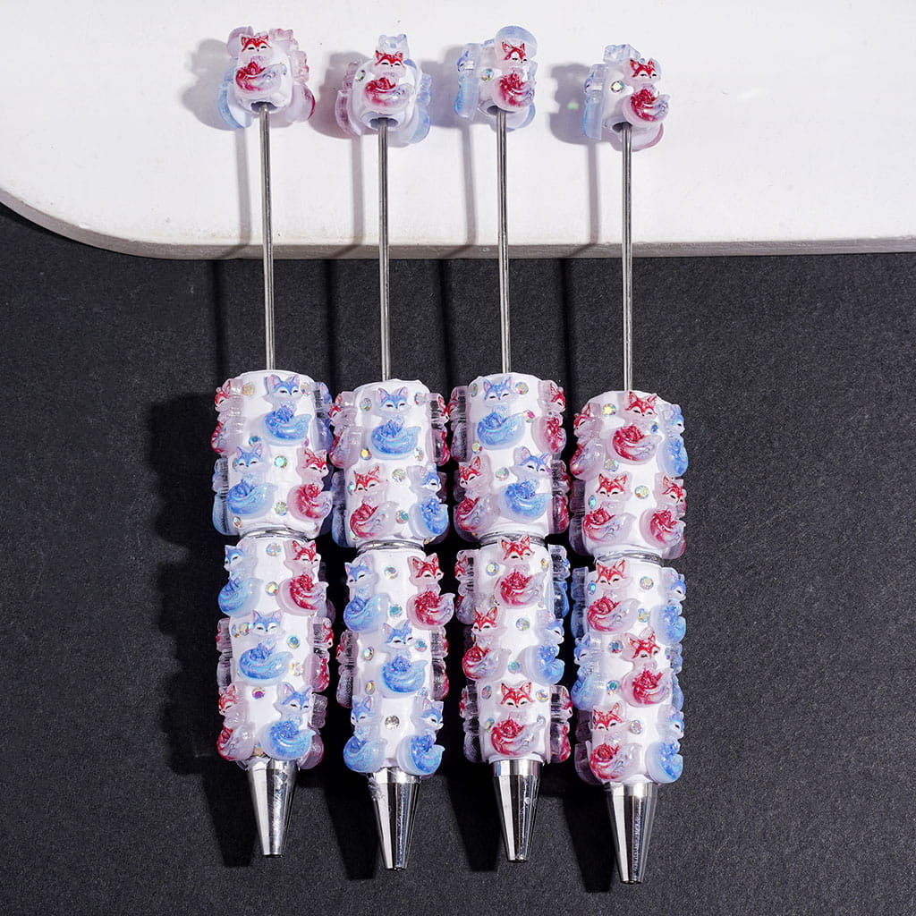 Beadable Clay Pens with Blue Red Fox and AB Rhinestones