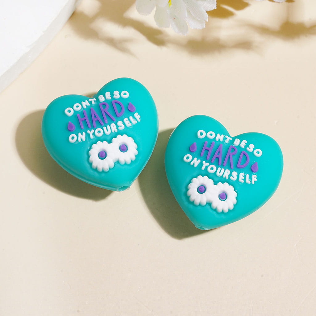 3D Heart Shape w White Daisy Flower & Text "Don't be so hard on yourself" Silicone Focal Beads, 23*14MM Multi Colors