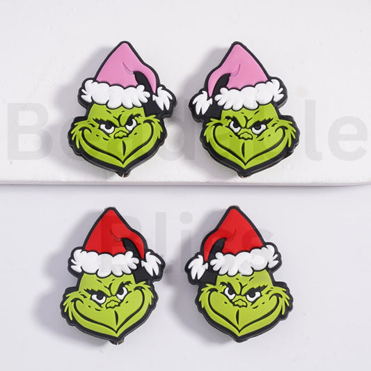 Green Monster Grinc with Pink Red Christmas Hat Silicone Focal Beads