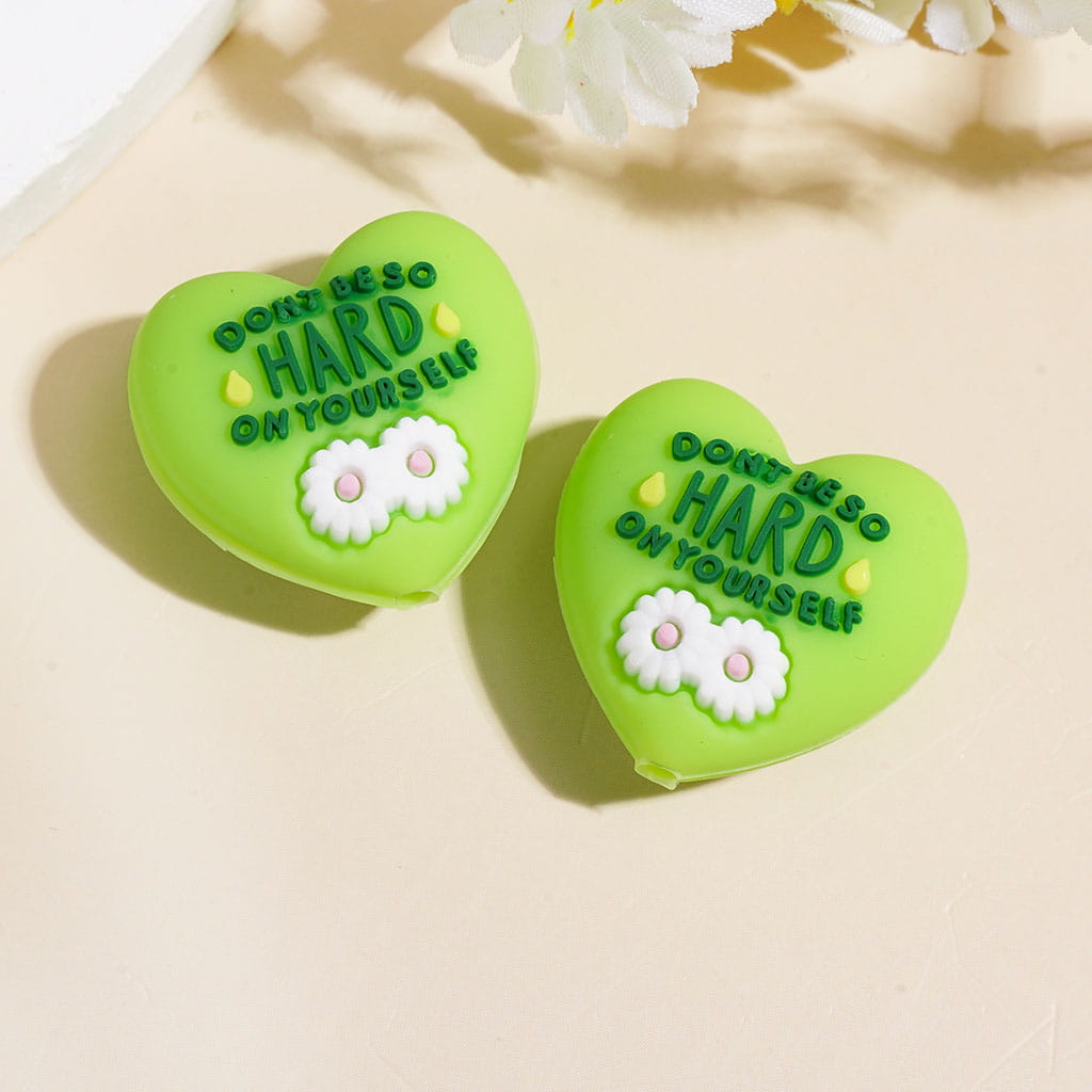 3D Heart Shape w White Daisy Flower & Text "Don't be so hard on yourself" Silicone Focal Beads, 23*14MM Multi Colors