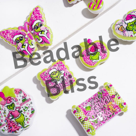 Christmas Green Characters in Pink Series Acrylic Beads and Pendants, Random Mix