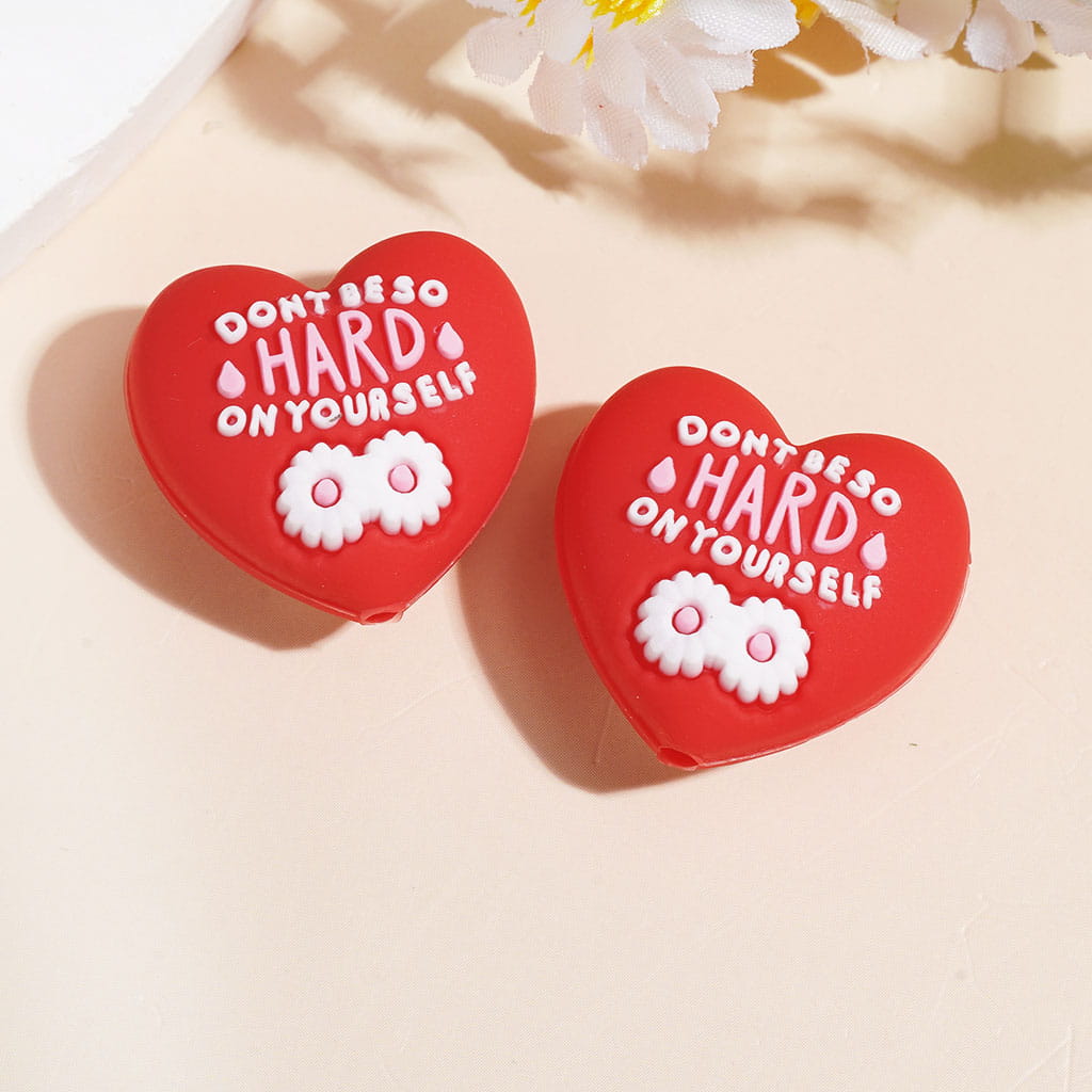 3D Heart Shape w White Daisy Flower & Text "Don't be so hard on yourself" Silicone Focal Beads, 23*14MM Multi Colors