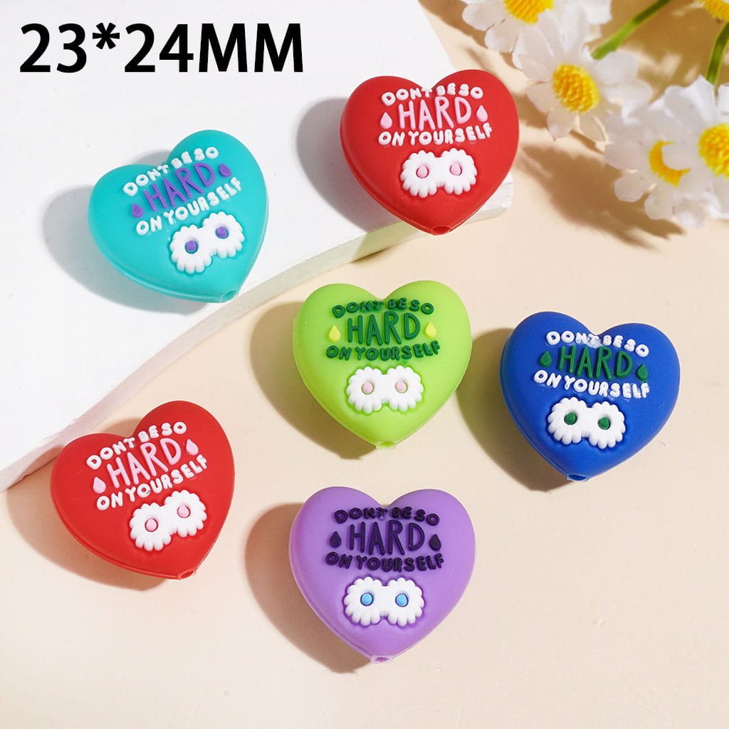 3D Heart Shape w White Daisy Flower & Text "Don't be so hard on yourself" Silicone Focal Beads, 23*14MM Multi Colors