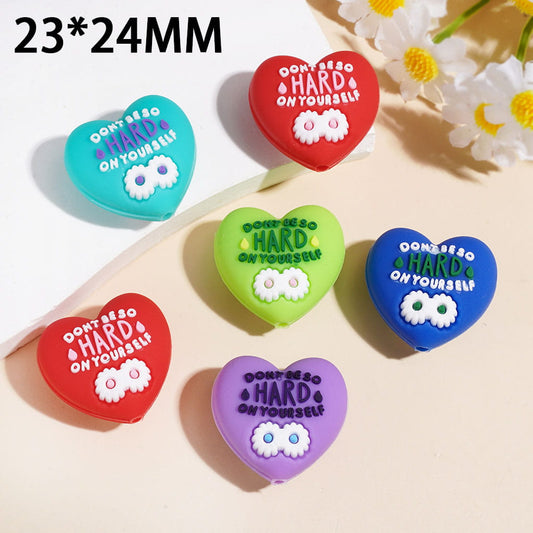 3D Heart Shape w White Daisy Flower & Text "Don't be so hard on yourself" Silicone Focal Beads, 23*14MM Multi Colors