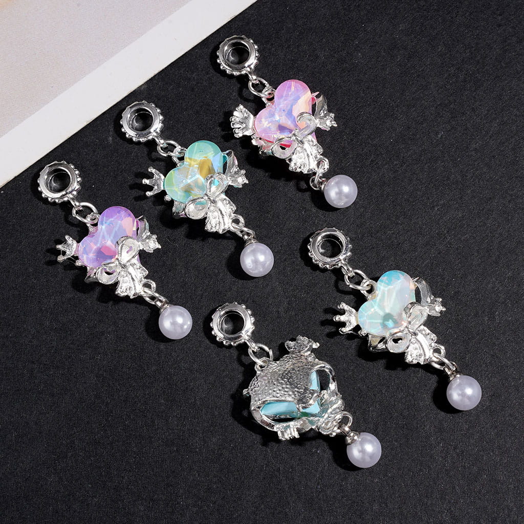 Silver Alloy Bail Beads, Silver Metal Frame w Bow Crown Clear Heart Rhinestones White Pearl Jewelry Accessory Radom Mix