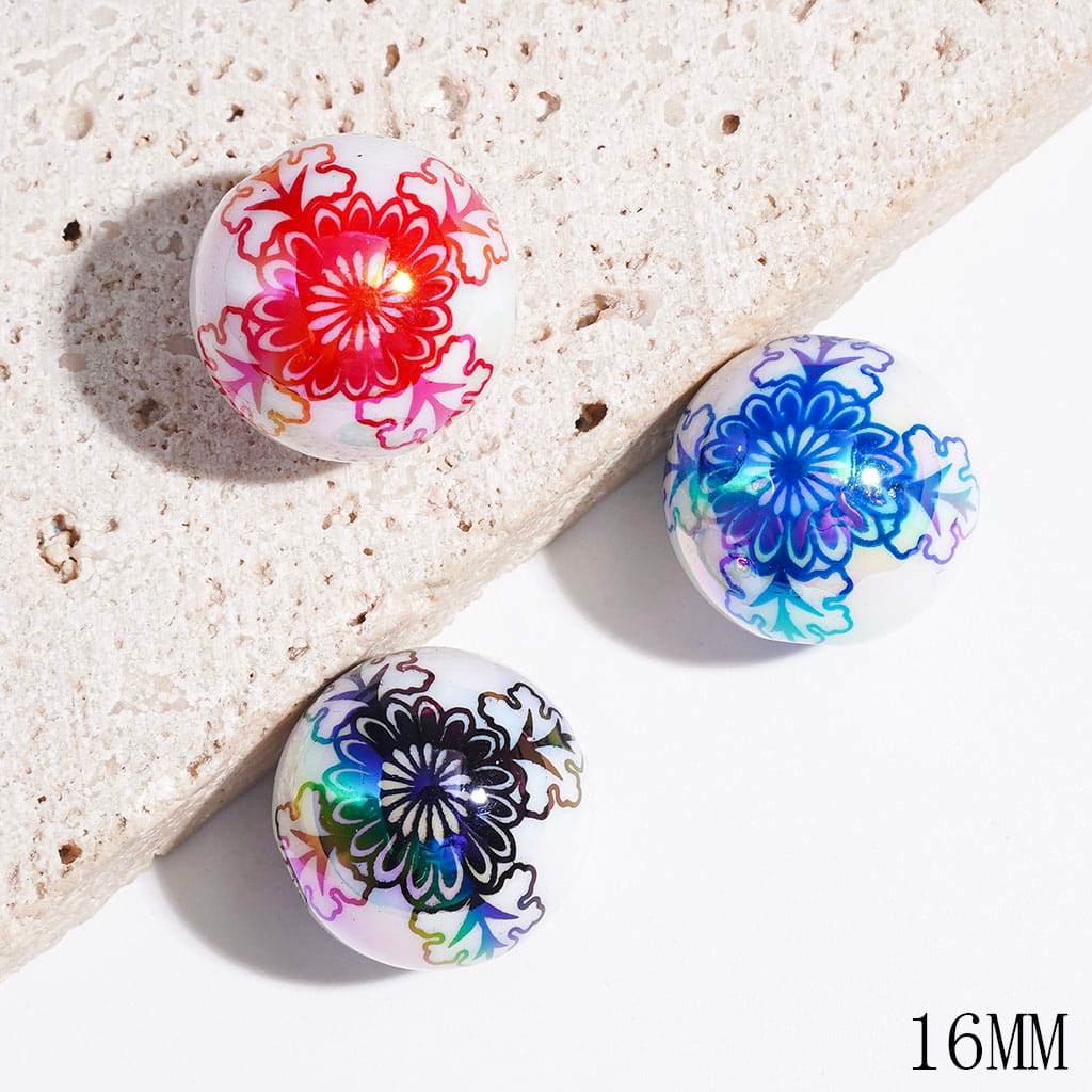 UV Coating Flower in Cross Design Acrylic Beads for Bracelets, Blue & Red & Black, 16MM, Random Mix