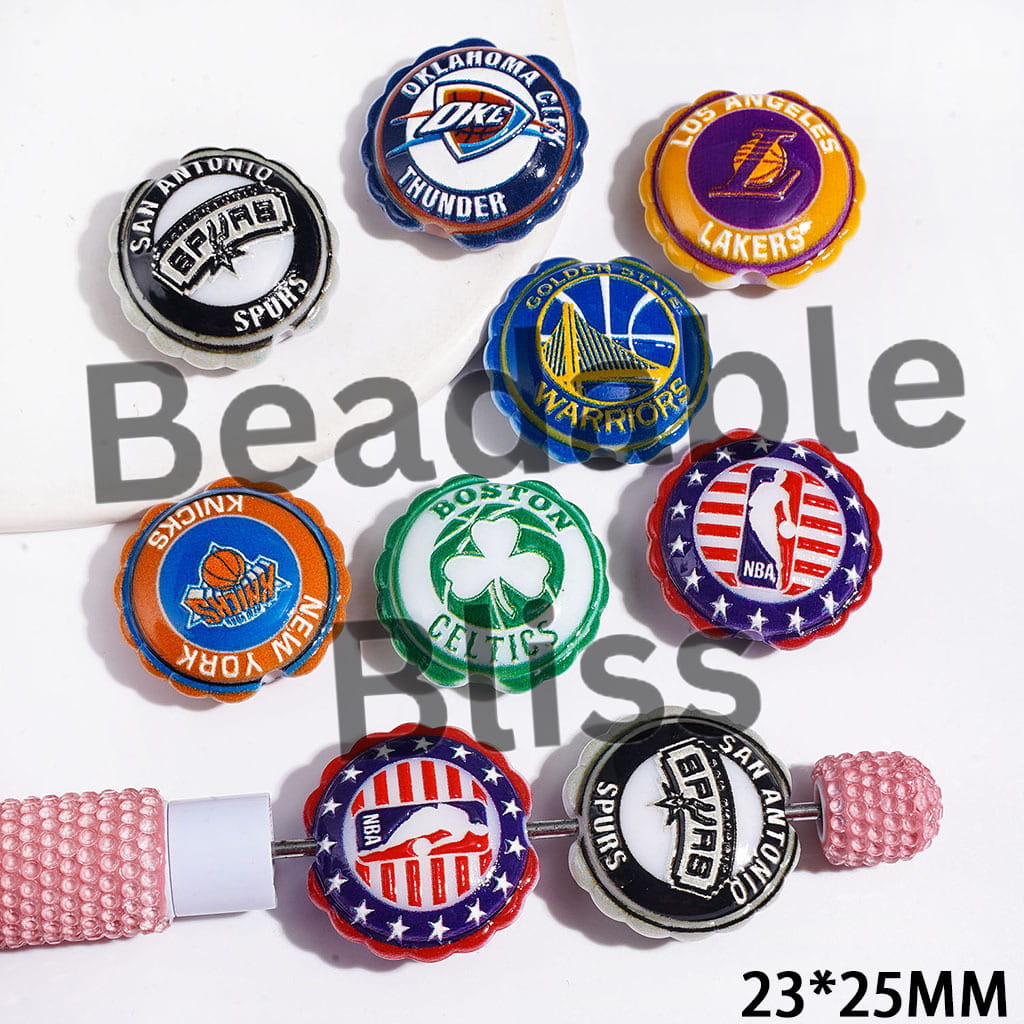 American Basketball Team Series Acrylic Beads, Round Shaped with Wavy Border, 23*25MM