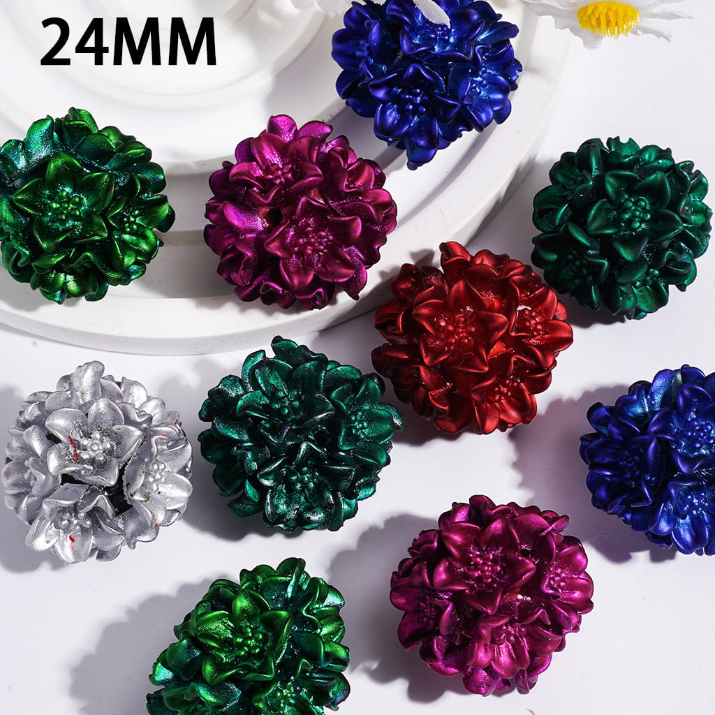 Clay Beads Metallic Lustre Blooming Flowers, 24MM Multi Colors Random Mix