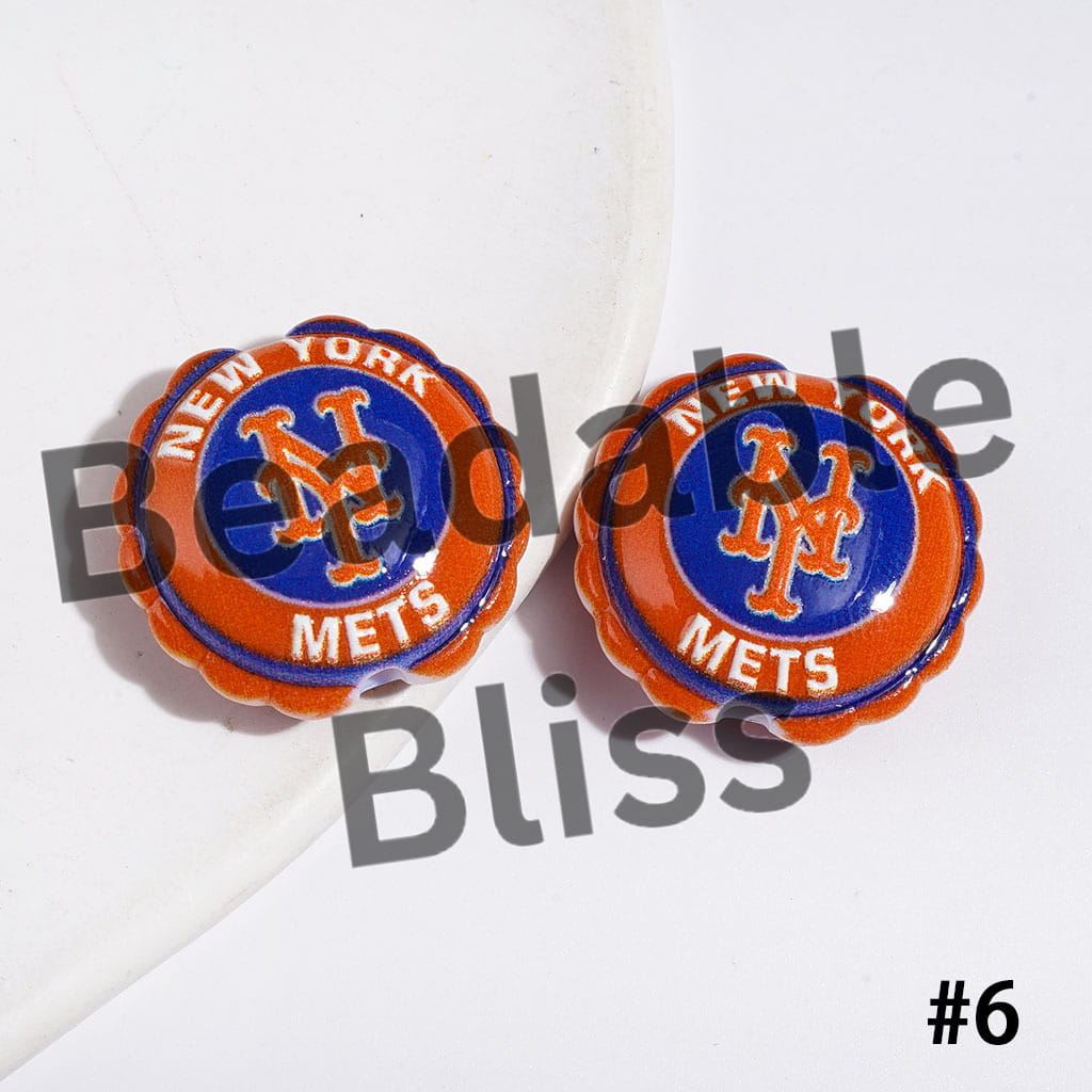 American Baseball Team Series Acrylic Beads, Round Shaped with Wavy Border, 23*25MM