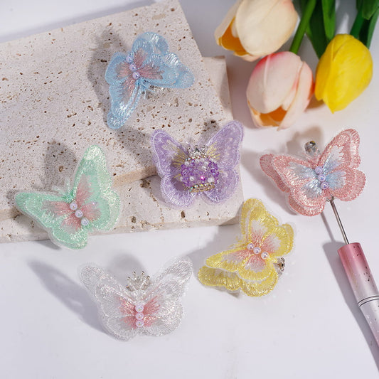 Sugar Acrylic Beads with Silver Alloy Crown and Rhinestones, Fabric Butterfly with UV Coating Half-Shell White Pearl, Multi-Color