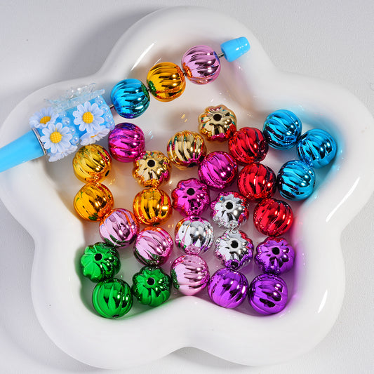 Acrylic Beads Halloween Pumpkin Stripes Shiny Metallic Colors 16MM