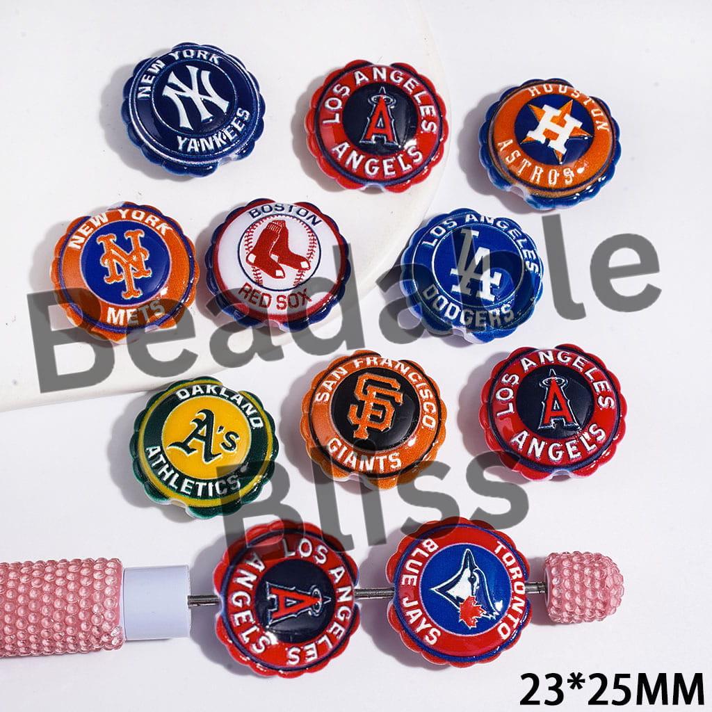 American Baseball Team Series Acrylic Beads, Round Shaped with Wavy Border, 23*25MM
