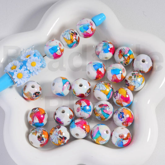 Acrylic Beads UV Coating Cute Disne Princess Prints 16MM, Random Mix