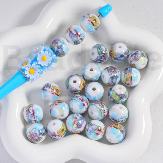 Acrylic Beads UV Coating Blue Series Cute Sanri Family Hello Kitt Pop Pom Puri Cinnamonrol Kurom My Melod Prints 16MM, Random Mix