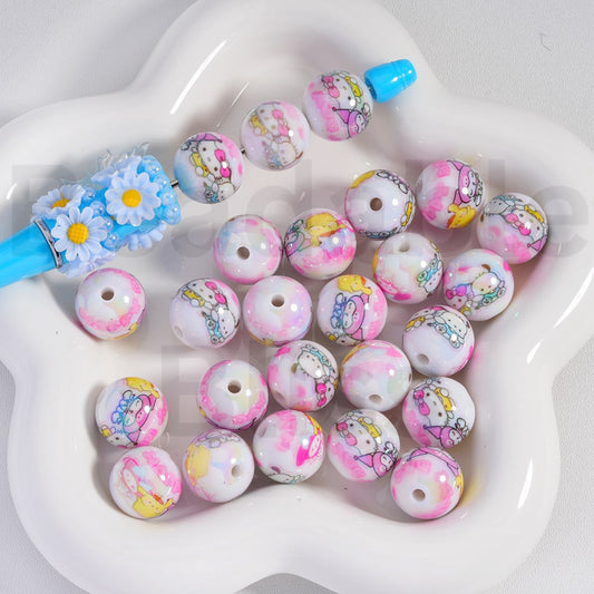 Acrylic Beads UV Coating Pink Series Cute Sanri Family Hello Kitt Pop Pom Puri Pochacc Kurom My Melod Prints 16MM, Random Mix