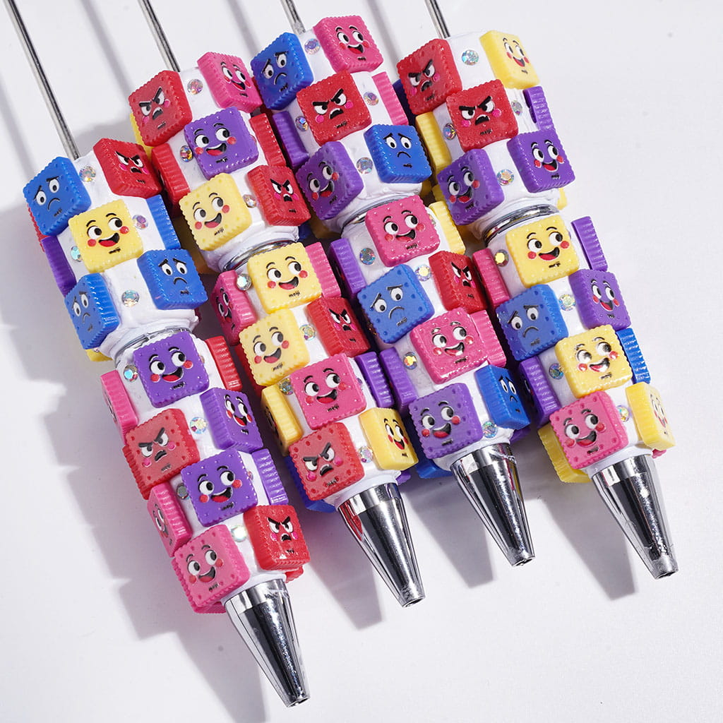 Assorted Colors Square Shaped Cookie with Diverse Expressions Design and AB Rhinestones Beadable Clay Pens