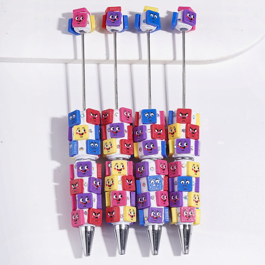 Assorted Colors Square Shaped Cookie with Diverse Expressions Design and AB Rhinestones Beadable Clay Pens
