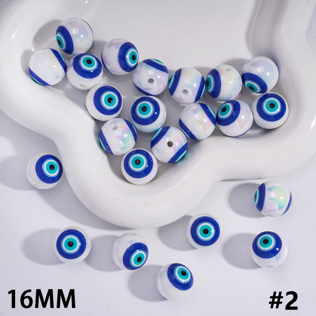 Acrylic Beads for Bracelets UV Coating Evil Eye in Teal and Blue, 16MM