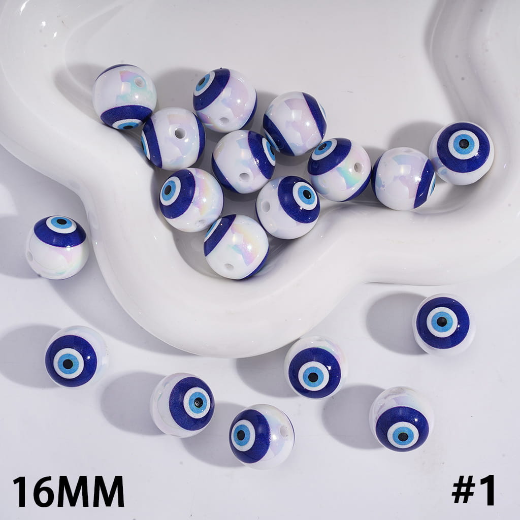 Acrylic Beads for Bracelets UV Coating Evil Eye in Teal and Blue, 16MM