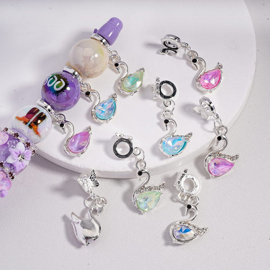 Silver Alloy Bail Beads with Butterfly, Charm Pendant Swan with Glossy Rhinestones, Multi-Color, Random Mix