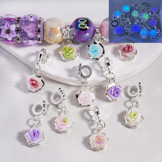 Silver Alloy Bail Beads with Butterfly, Charm Pendant with Luminous Ombre Color Rose Flower, Random Mix