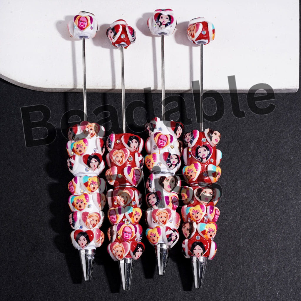 Heart with Diverse Expressions Fashion Doll and AB Rhinestones Beadable Clay Pens, Red and White Background