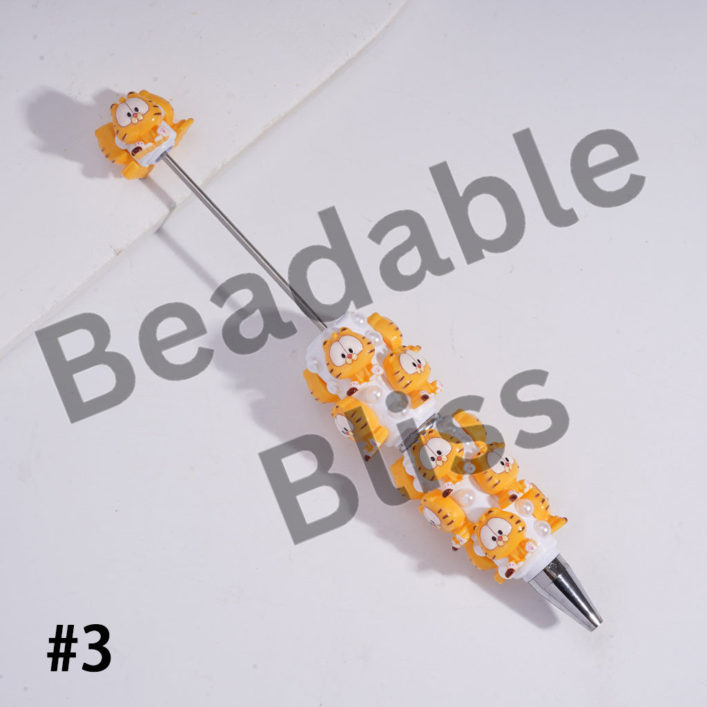Beadable Clay Pens with Lazy Cat Character and Half-Shell White Pearls, Various Style