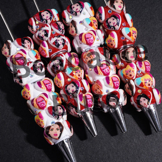 Heart with Diverse Expressions Fashion Doll and AB Rhinestones Beadable Clay Pens, Red and White Background