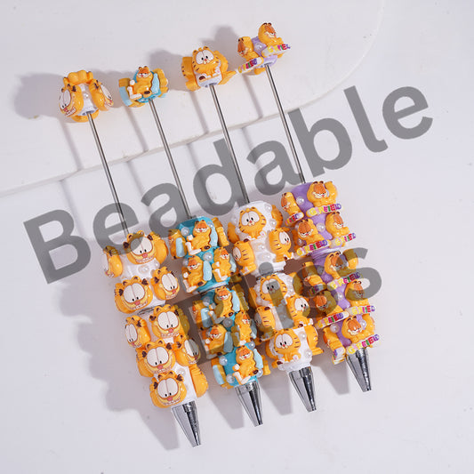Beadable Clay Pens with Lazy Cat Character and Half-Shell White Pearls, Various Style