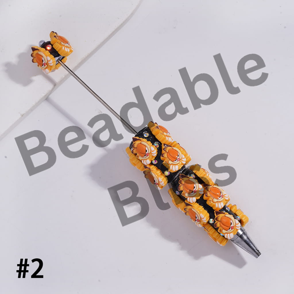 Beadable Clay Pens with Yellow Lazy Cat Head Character and AB Rhinestones