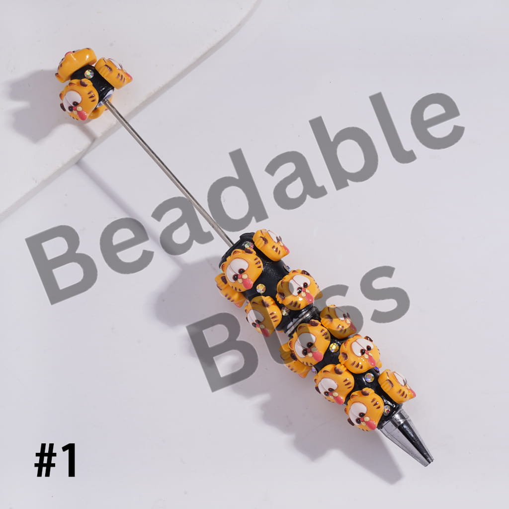 Beadable Clay Pens with Yellow Lazy Cat Head Character and AB Rhinestones