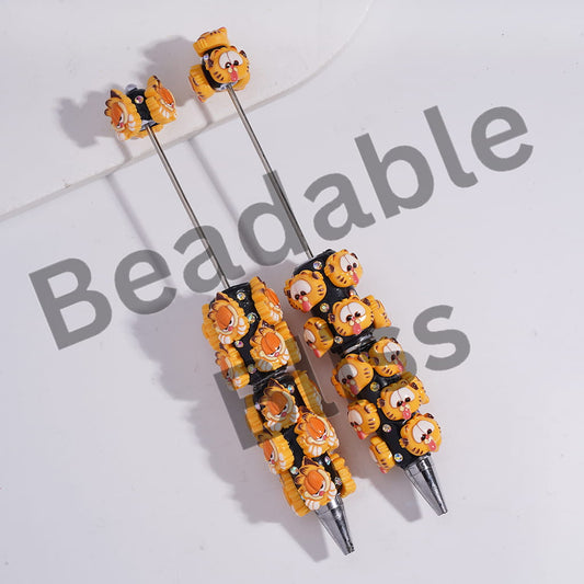 Beadable Clay Pens with Yellow Lazy Cat Head Character and AB Rhinestones