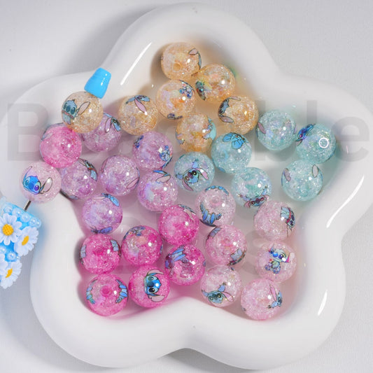 Acrylic Crackle Beads UV Coating Cute Stitc Prints Light Color 16MM, Random Mix
