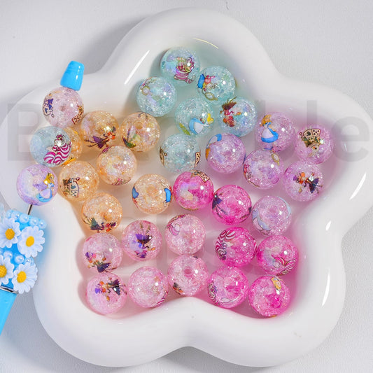Acrylic Crackle Beads UV Coating Cute Alice in Wonderlan Prints Light Color 16MM, Random Mix