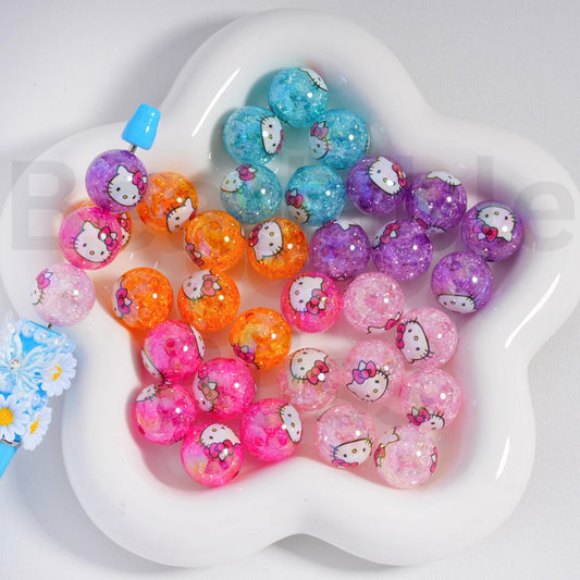 Acrylic Crackle Beads UV Coating  Cute Hello Kitt Prints Dark Color 16MM, Random Mix