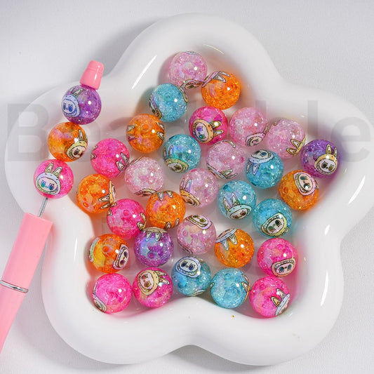 Acrylic Crackle Beads UV Coating  Cute Labub Prints Dark Color 16MM, Random Mix