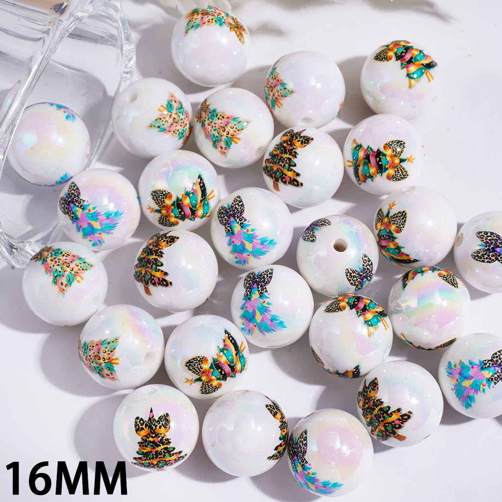 UV Coated Acrylic Beads for Bracelets w Christmas Tree Series & Leopard Bow, 16MM Random Mix