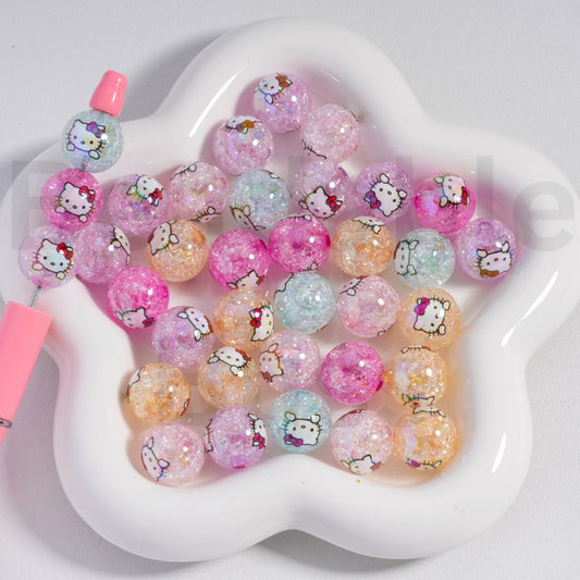 Acrylic Crackle Beads UV Coating  Cute Hello Kitt Prints Light Color 16MM, Random Mix