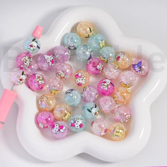Acrylic Crackle Beads UV Coating  Cute Sanri Family Hello Kitt Pop Pom Puri Pochacc Kurom My Melod Prints  Light Color 16MM, Random Mix