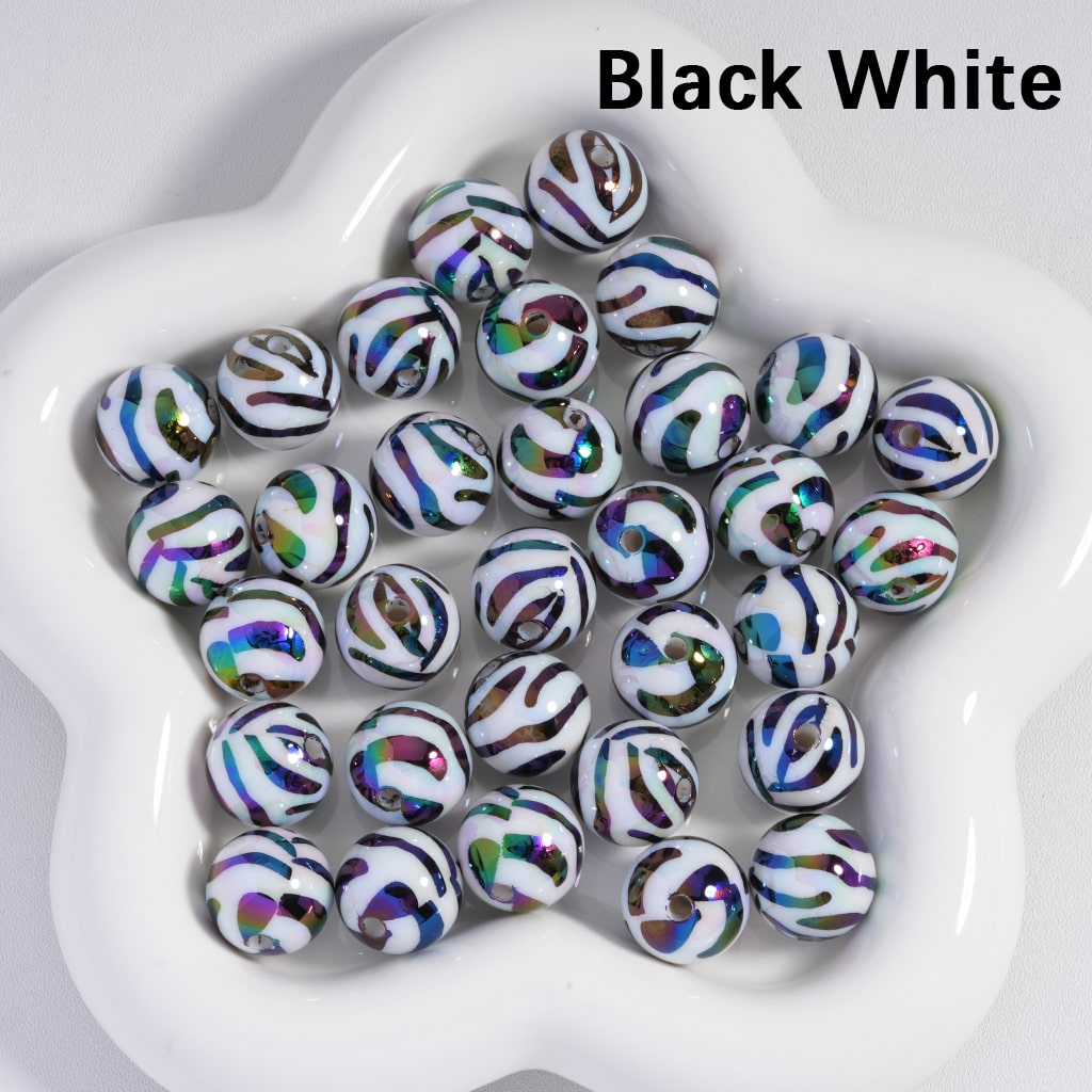 Acrylic Beads, UV Coating Black Zebra Stripes Solid Color 16MM