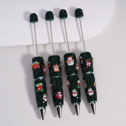 Beadable Clay Pens with Green Rhinestones Christmas Charms Snowman Candy Cane Socks Father Christmas Gift Elk Gloves