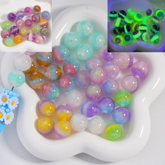 Acrylic Beads Luminous & Color Changing Shiny Glitter Inside Tricolor Stripes 16MM