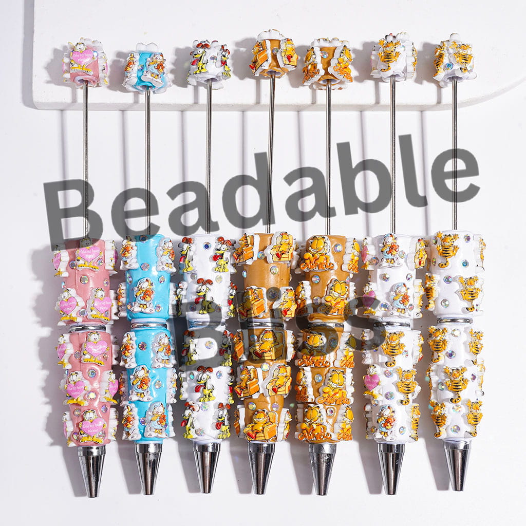 Beadable Clay Pens with AB Rhinestones and Lazy Cat and Kind Pet Dog Characters