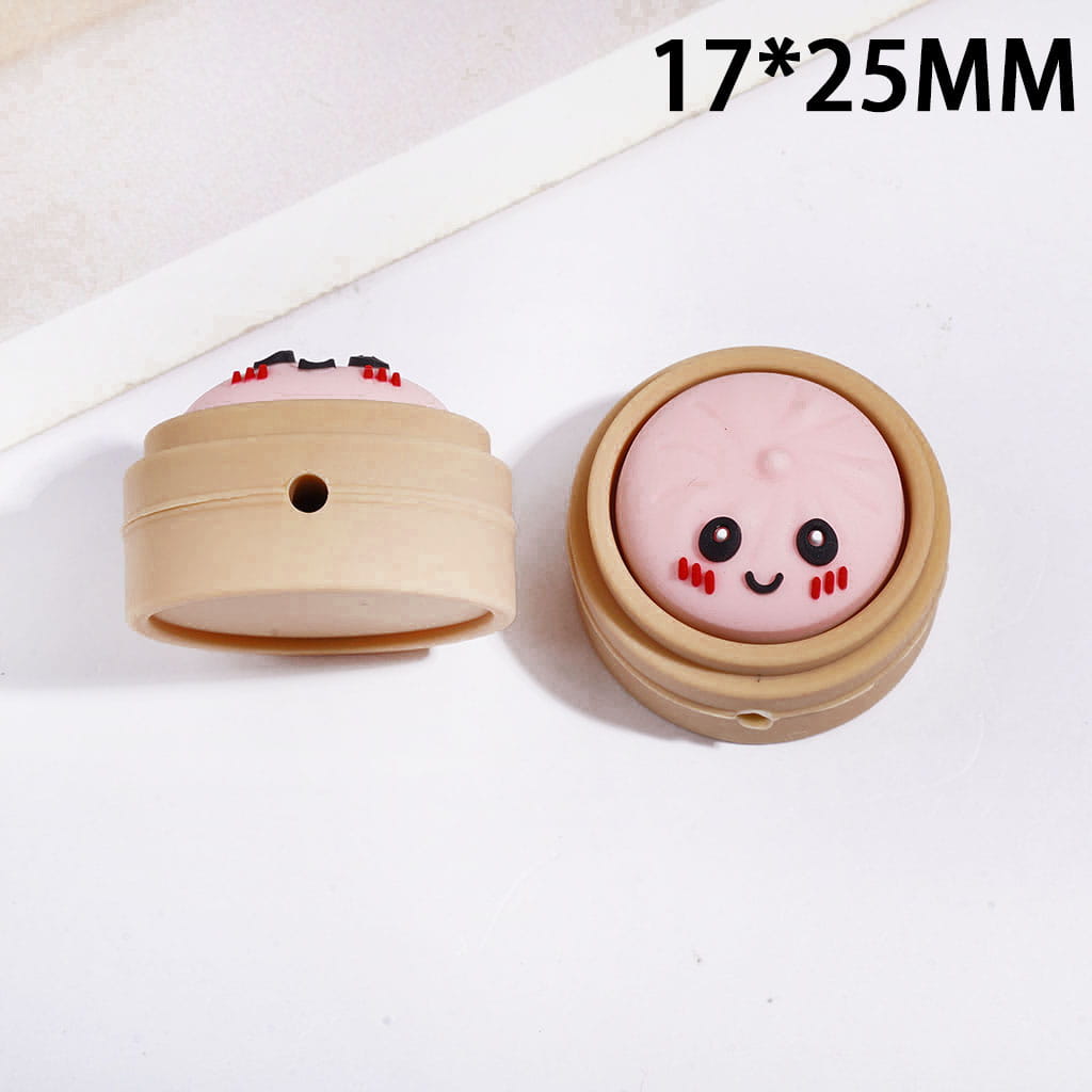 3D Shy Dumpling on Brown Steamer Basket Silicone Focal Beads, 17*25MM Multi Colors