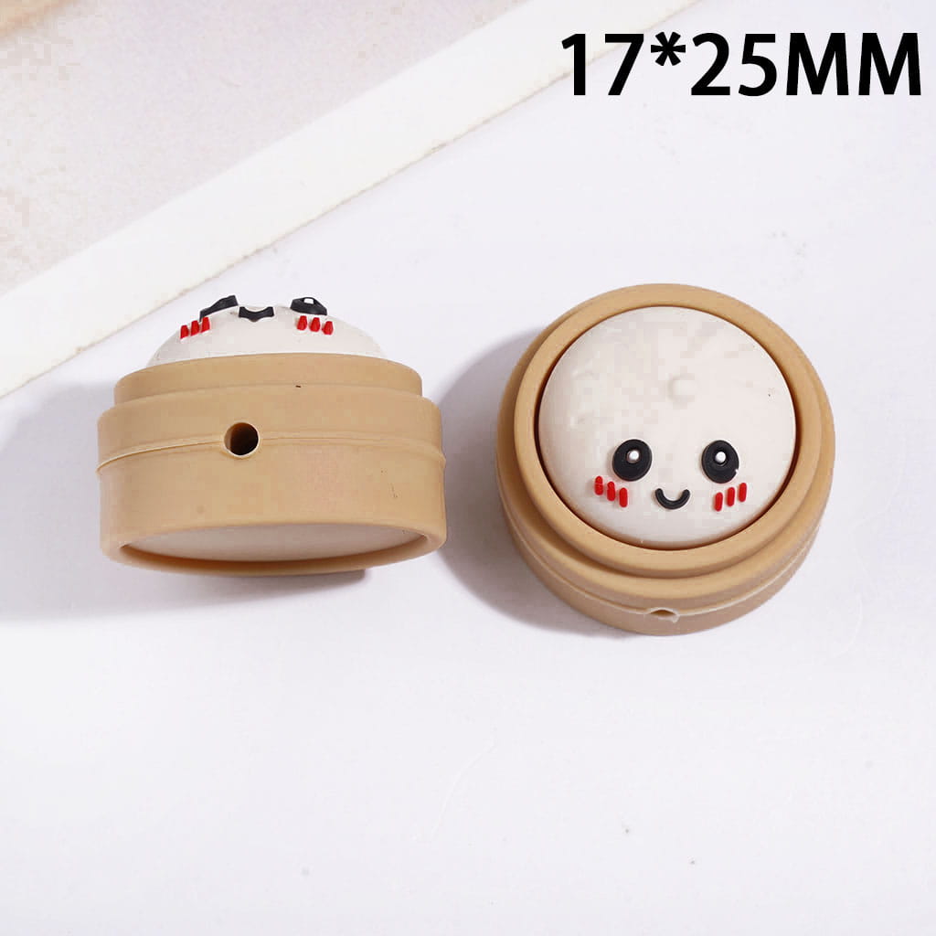 3D Shy Dumpling on Brown Steamer Basket Silicone Focal Beads, 17*25MM Multi Colors