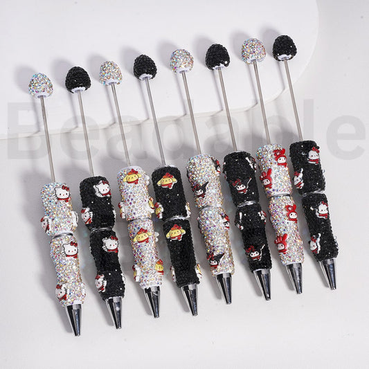 Beadable Clay Pens with Black & AB Rhinestones Cute Sanri Family Pochacc Hello Kitt Pom Pom Puri Kurom
