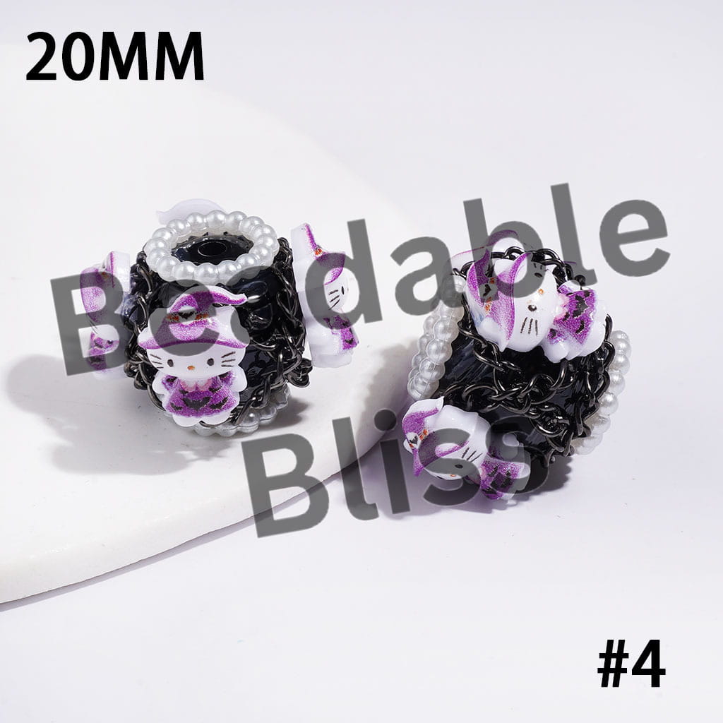 Hand-Made Acrylic Beads Halloween Cute Cat Character Series, w White Pearl & Gun Black Chains, 20MM Multi Colors