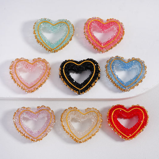 Sugar Acrylic Beads Cute Heart Frame with Clear Rhinestones Gold Metal Stripes Multi-Color 34*30MM, Random Mix