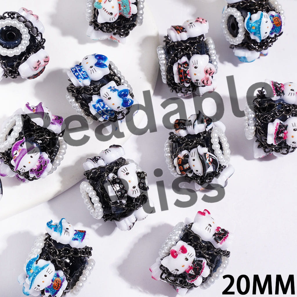 Hand-Made Acrylic Beads Halloween Cute Cat Character Series, w White Pearl & Gun Black Chains, 20MM Multi Colors