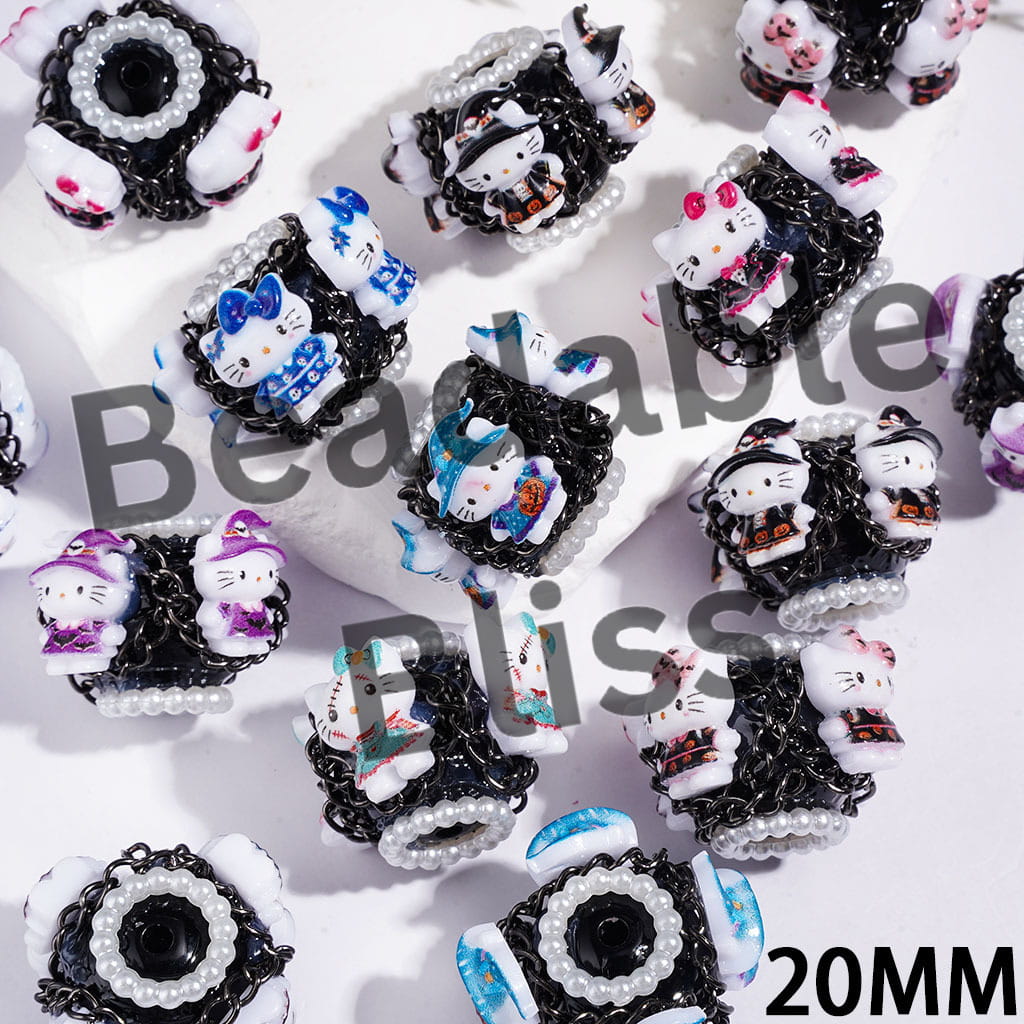 Hand-Made Acrylic Beads Halloween Cute Cat Character Series, w White Pearl & Gun Black Chains, 20MM Multi Colors